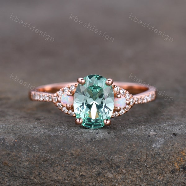 Vintage Green Sapphire Engagement ring Rose gold Ring Oval Sapphire Opal Wedding Ring Unique Diamond Bridal Ring Promise Anniversary Gift