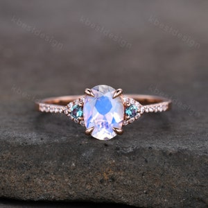 Rainbow Moonstone Engagement Ring Rose Gold Oval Moonstone Ring Unique Three Stone Alexandrite Ring June Birthstone Ring Promise Ring
