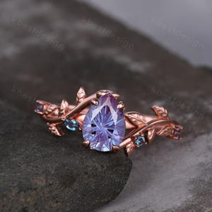 Vintage firework cut alexandrite engagement ring rose gold art deco twig leaf ring natural inspired ring unique bridal promise ring for her