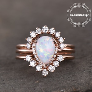 Opal Ring Vintage Sterling Silver Set Teardrop Opal Engagement Ring Crown Curved Stacking Ring Unique Bridal Jewelry Gift For Her