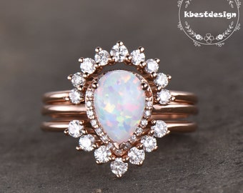 Opal Ring Vintage Sterling Silver Set Teardrop Opal Engagement Ring Crown Curved Stacking Ring Unique Bridal Jewelry Gift For Her