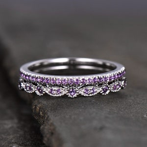 Unique Sterling Silver Ring Amethyst Wedding Ring Set Art Deco Wedding Band Half Eternity Matching Band Anniversary Gift February Birthstone