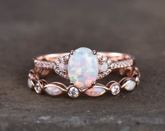 Opal rings for women, Oval white opal engagement ring, Opal eternity band, Rose gold opal rings, Wedding ring set, Bridal set