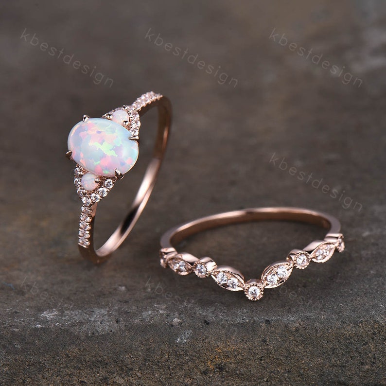 White Opal Engagement Ring Set, Rose Gold Rings for Women, Art Deco Stacking Band, Oval Cut Bridal Set, Unique Curved Wedding Band, Handmade image 3