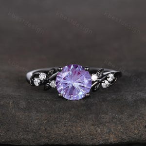 Nature inspired firework alexandrite ring black gold engagement ring for women twig leaf design ring unique art deco bridal anniversary ring