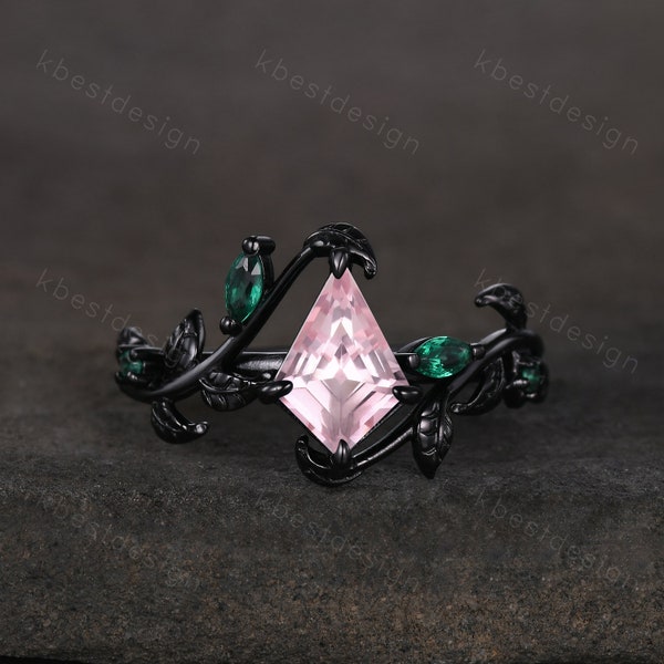 Nature inspired pink sapphire engagement ring unique black gold twig leaf ring art deco emerald wedding ring branch ring bridal promise ring