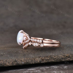 White Opal Engagement Ring Set, Rose Gold Rings for Women, Art Deco Stacking Band, Oval Cut Bridal Set, Unique Curved Wedding Band, Handmade image 4