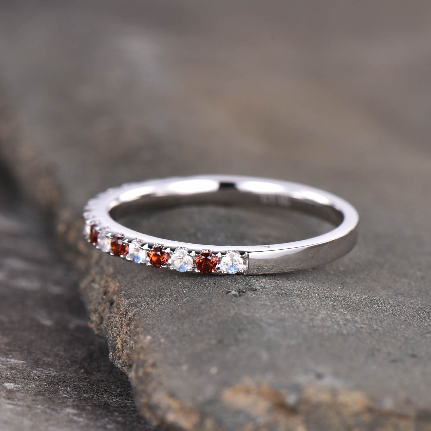 Moonstone Garnet Wedding Ring Half Eternity Band Garnet Silver
