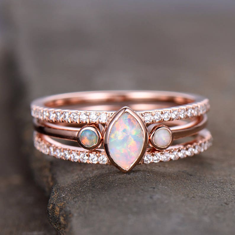 Opal Wedding Ring Set Opal Ring Split Shank Engagment Ring Etsy