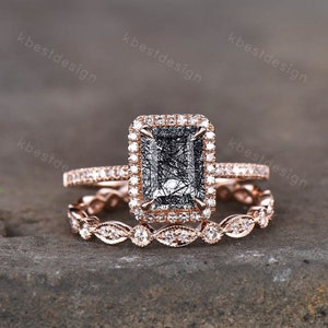 Vintage Emerald cut black rutilated quartz engagement ring set 14k rose gold art deco wedding ring for women unique bridal promise ring set