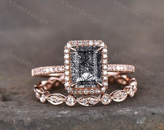 Conjunto de anillo de compromiso de cuarzo rutilado negro de corte esmeralda vintage Anillo de boda art deco de oro rosa de 14k para mujer Conjunto de anillo de promesa nupcial único