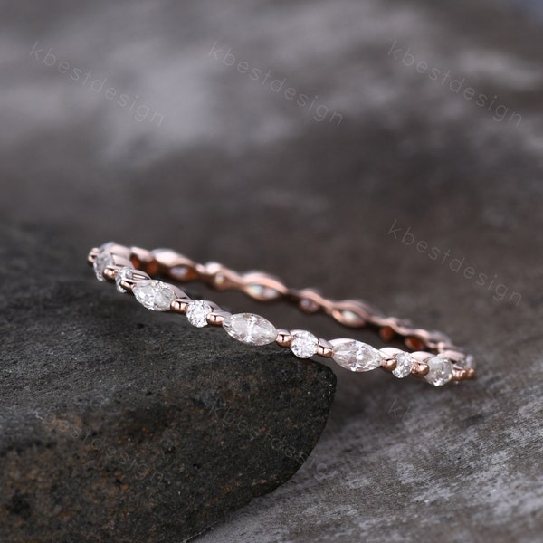 Unique Moissanite/Diamond wedding band women marquise cut eternity band Rose gold wedding band dainty Stacking band bridal ring promise ring