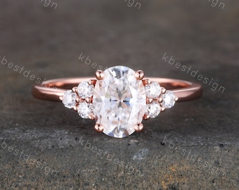 1.5 CT Oval Engagement Ring, Vintage Unique Rose Gold Engagement Ring, Cluster Wedding Ring, Diamond Simulant, Promise Ring, Gift for her