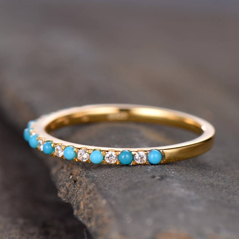 Turquoise Wedding Band Turquoise With CZ Diamonds Ring Thin Etsy