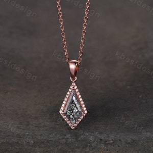 Kite cut black rutilated quartz necklace unique halo moissanite necklace pendant rose gold women black gemstone anniversary bridal gift