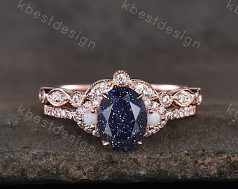 Vintage Blue Sandstone Engagement Ring set Unique Rose Gold Oval cut Bridal set Art deco curved stacking band promise anniversary rings