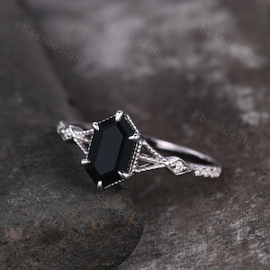 Elongated Hexagon cut Black Onyx Ring Silver Ring Art Deco Milgrain Moissanite Wedding Ring Black stone ring Antique Bridal Promise Ring