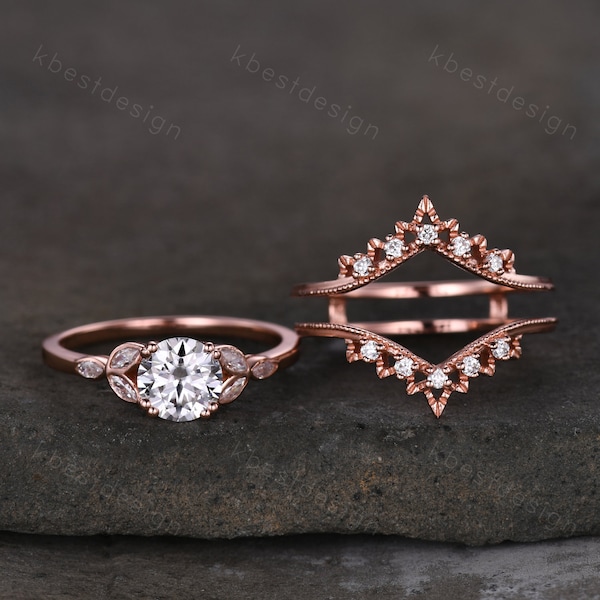 Vintage Moissanite Engagement Ring Set Rose Gold Wedding Ring Set Art Deco Double Curved Moissanite Stacking Band Unique Bridal Promise Ring