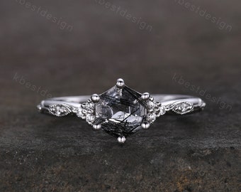 Hexagon cut schwarzen Rutilquarz Verlobungsring Sterling Silber Art Deco Moissanite Ring Frauen schwarzer Edelstein Ring Jubiläumsring