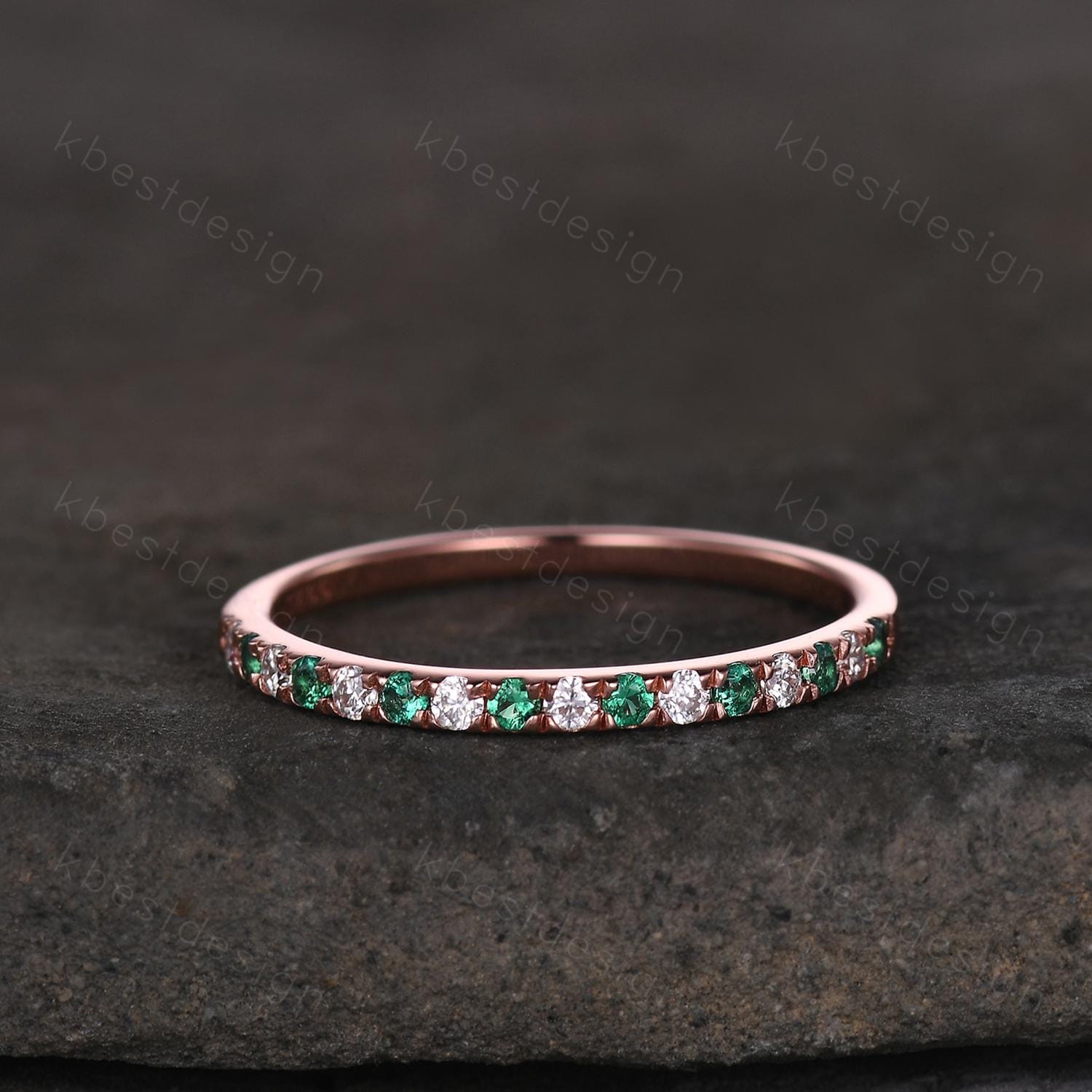 Half Eternity Emerald Wedding Band 1.5mm Emerald Moissanite Wedding Band Rose Gold Matching Ring Pave Stacking Band Anniversary Gift for Her