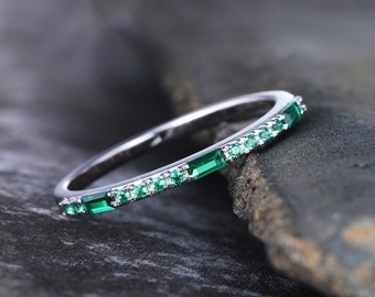 Emerald Ring, Sterling Silver Ring, Half Eternity Emerald Wedding Band, Baguette Ring, Stacking Band, May Birthstone, Anniversary Ring