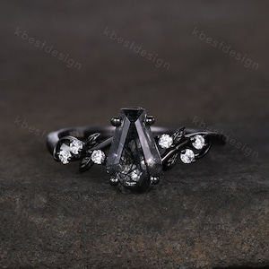 Coffin cut black rutilated quartz engagement ring Gothic Black gold ring Art deco leaf design moissanite Bridal ring Unique twist ring