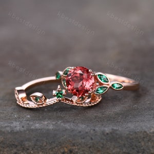 Sapphire emerald engagement ring set vintage unique rose gold engagement ring woman Marquise emerald wedding bridal Anniversary ring image 5