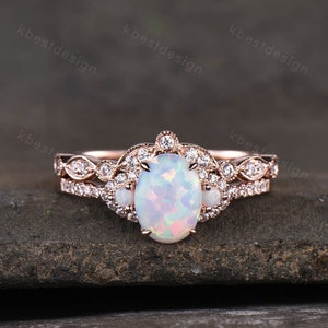 White Opal Engagement Ring Set, Rose Gold Rings for Women, Art Deco Stacking Band, Oval Cut Bridal Set, Unique Curved Wedding Band, Handmade