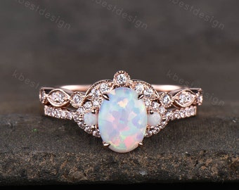 White Opal Engagement Ring Set, Rose Gold Rings for Women, Art Deco Stacking Band, Oval Cut Bridal Set, Unique Curved Wedding Band, Handmade