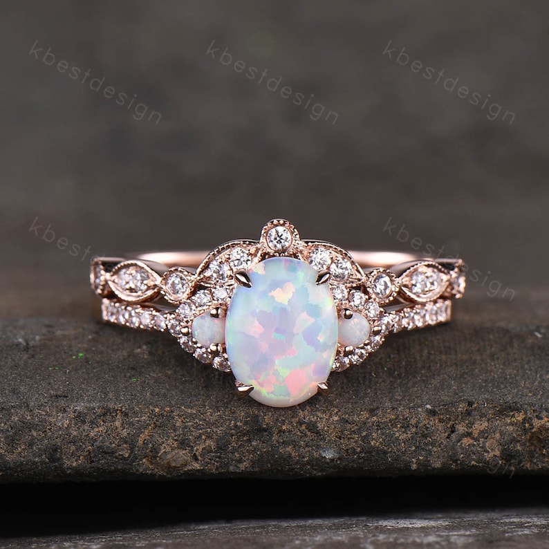 White Opal Engagement Ring Set, Rose Gold Rings for Women, Art Deco Stacking Band, Oval Cut Bridal Set, Unique Curved Wedding Band, Handmade 