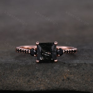 Princess Cut Natural Black Rutilated Quartz Engagement Ring Unique Black Spinel Ring Rose Gold Ring Three stone ring Bridal Promise Ring