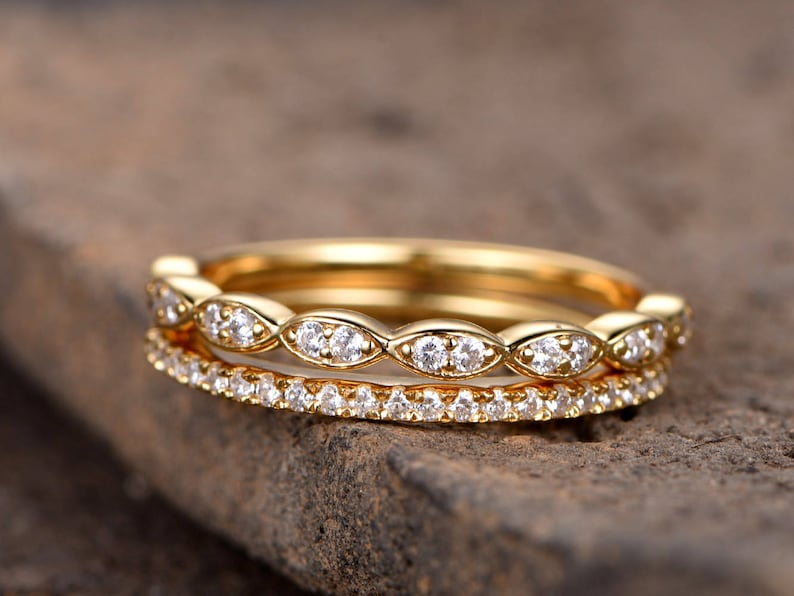 Art deco wedding bandSilver CZ wedding bandDiamond eternity bandstacking rings2PCS Matching bandHalf eternityYellow gold plated