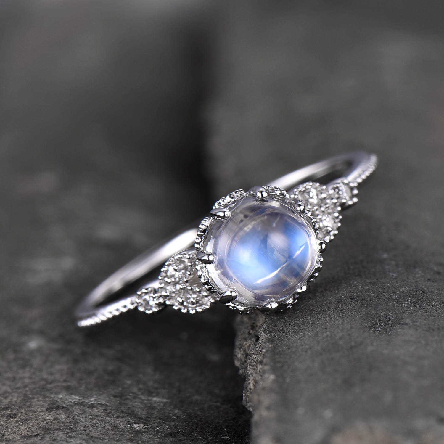 Moonstone Ring Art Deco Engagement Ring Vintage Floral Ring CZ - Etsy