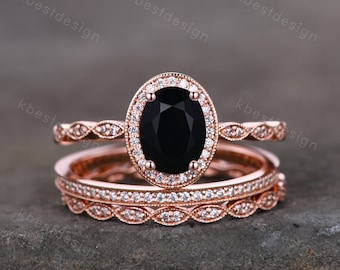 Vintage Unique oval cut Black Onyx engagement ring set rose gold ring set moissanite ring set art deco bridal wedding ring Promise gift