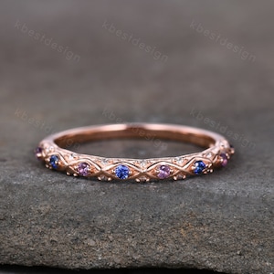 Antique Sapphire Wedding Band Women Rose Gold Band Amethyst Band Vintage Wedding Ring September Birthstone Stacking Ring Anniversary Gift