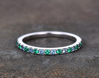 Half Eternity Emerald Alexandrite Wedding Band Dainty Sterling Silver Stacking Matching Band Birthstone Ring Wedding Band Anniversary Ring