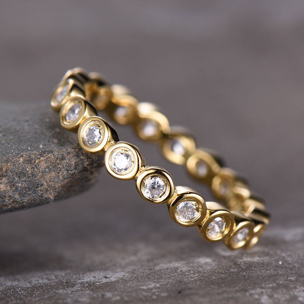 CZ Diamond Eternity Band Bezel Set Ring Bubble Stacking Ring Wedding Band Sterling Silver Matching Band Yellow Gold Plated Anniversary Ring