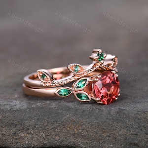 Sapphire emerald engagement ring set vintage unique rose gold engagement ring woman Marquise emerald wedding bridal Anniversary ring image 6
