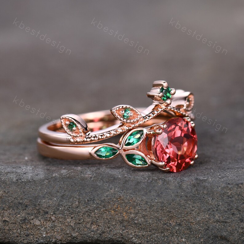 Sapphire emerald engagement ring set vintage unique rose gold engagement ring woman Marquise emerald wedding bridal Anniversary ring image 6