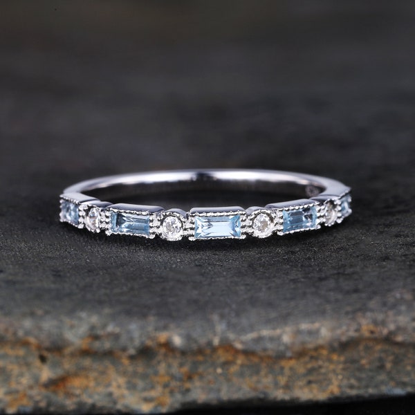 Aquamarine Ring, Half Eternity Baguette Aquamarine Wedding Band, March Birthstone Ring, Art deco Wedding Ring, Anniversary Gift, Silver