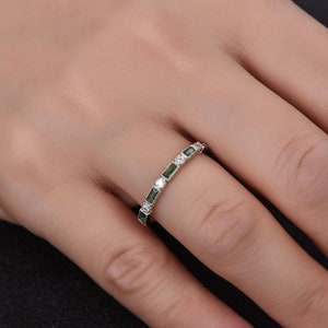 Emerald Wedding Band Half Eternity Band Art Deco Stacking Wedding Ring Anniversary Ring Sterling Silver Rose Gold Plated Milgrain image 7
