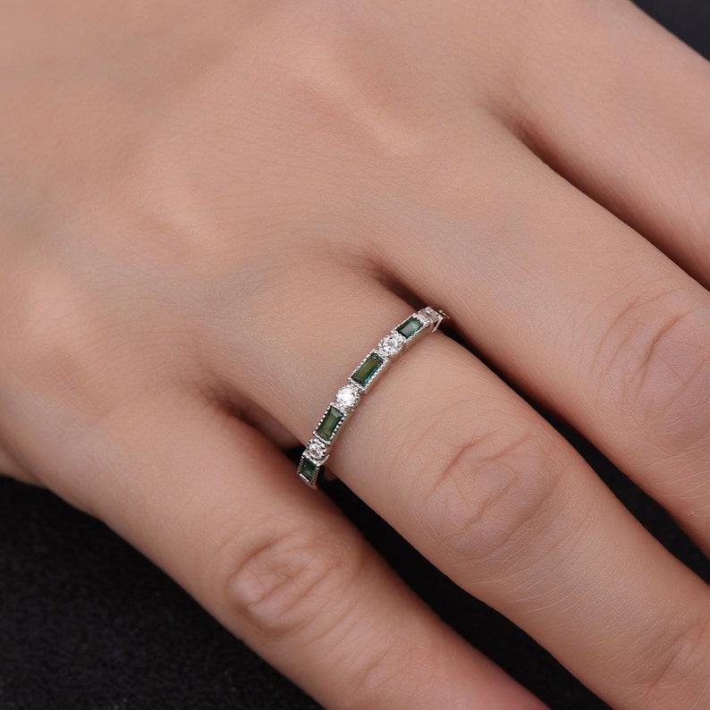 Emerald Wedding Band Half Eternity Band Art Deco Stacking Wedding Ring Anniversary Ring Sterling Silver Rose Gold Plated Milgrain image 7