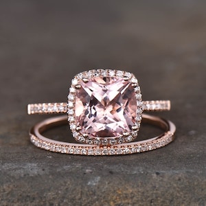 3.00 Ct Cushion Cut Morganite Engagement Ring, Rose Gold Morganite Wedding Ring set, Half eternity Wedding band set, Anniversary ring