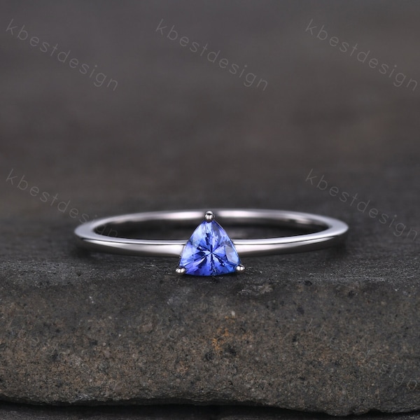 Delicate Tanzanite Ring, Minimalist Silver Ring, Tanzanite Stacking Ring, Trillion Cut Engagement Ring, Unique Anniversary Promise Gifts