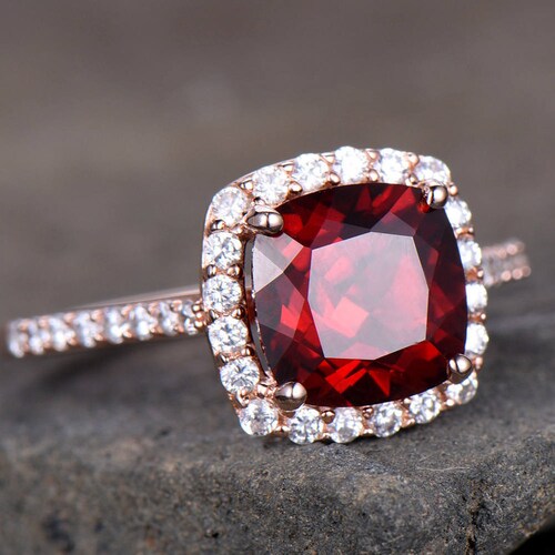 Garnet Ring Set 8mm Cushion Cut Garnet Engagement Ring Rose - Etsy