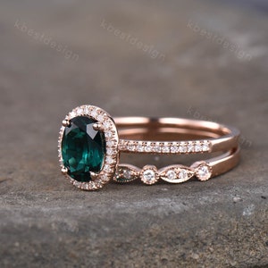 Emerald Ring Vintage Unique Oval Emerald Engagement Ring Set Rose Gold ...
