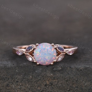 Opal Engagement Ring White Opal and Moonstone Ring Rose Gold Ring for Women Round Opal Bridal Wedding Ring October Birthstone Promise Ring