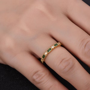 Emerald Wedding Band Half Eternity Band Art Deco Stacking Wedding Ring Anniversary Ring Sterling Silver Rose Gold Plated Milgrain image 9