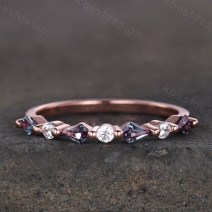Vintage Alexandrite Wedding Band Kite cut Wedding Band Women Rose Gold Band Unique Half eternity band Delicate Stacking Band Gift for Her
