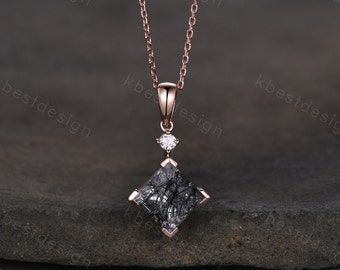 3CT Princess Cut Natural Black Rutilated Quartz Necklace 14K Rose Gold Unique Black Gemstone Pendant Women Vintage Personalized Promise Gift